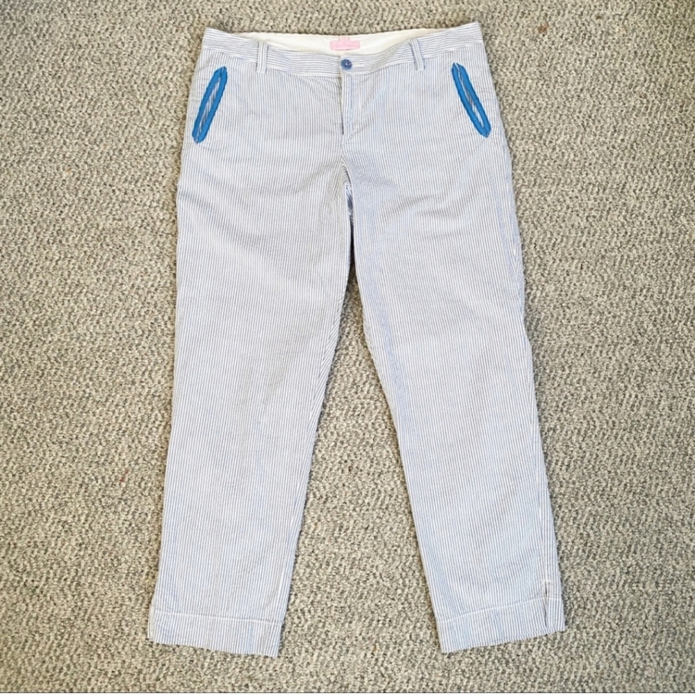 Lilly Pulitzer Mitzie Seersucker Ankle Pants Blue & White | Size 12 Preppy - Picture 2 of 5
